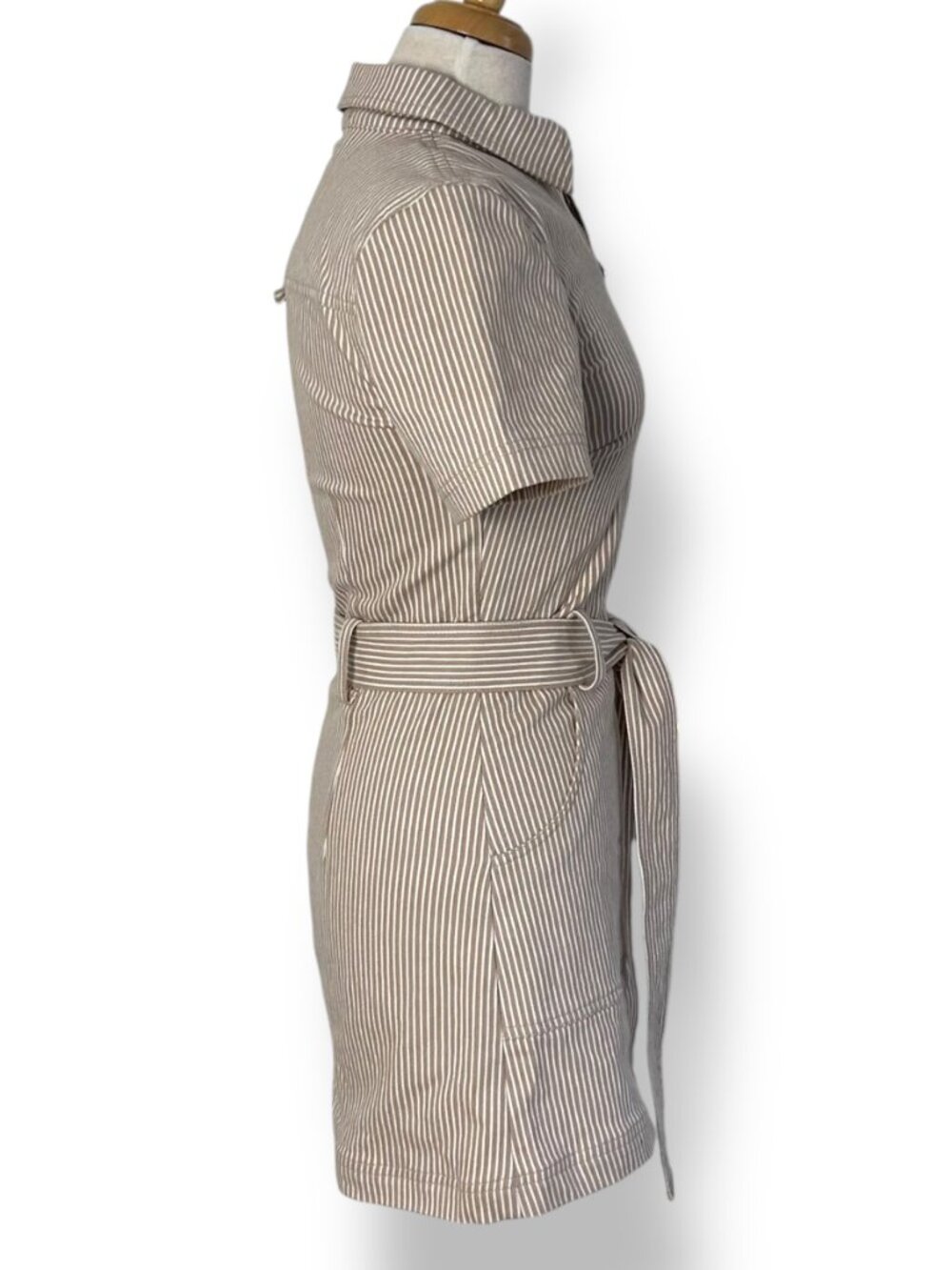 Steve Madden Belted Zip Up Collar Utility Canvas Dress Khaki White Stripe Sz XS - Picture 5 of 9